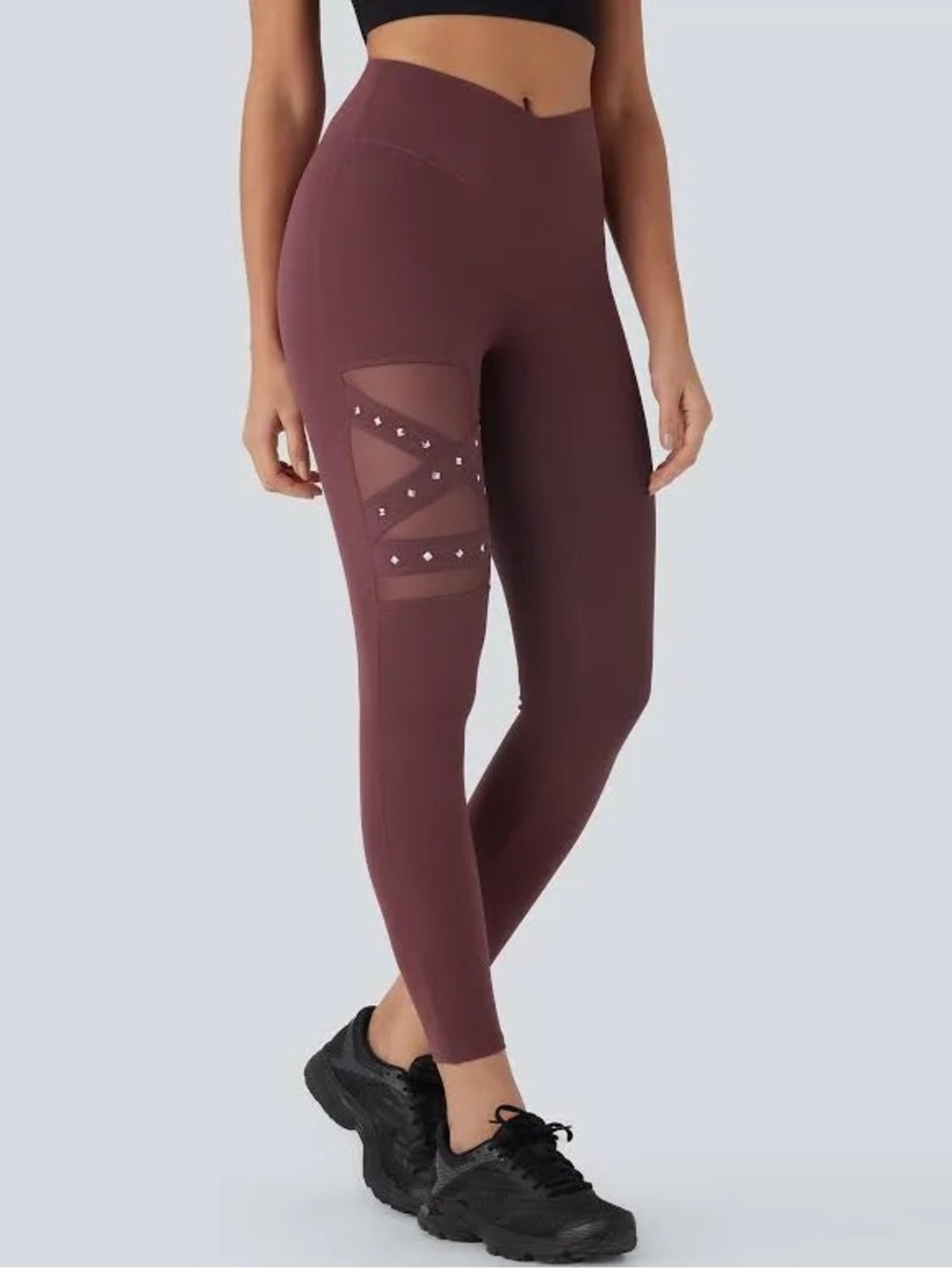 Halara High Waisted Crossover Mesh Studded Yoga Leggings 7/8 Length Burgundy NWT - Picture 3 of 6